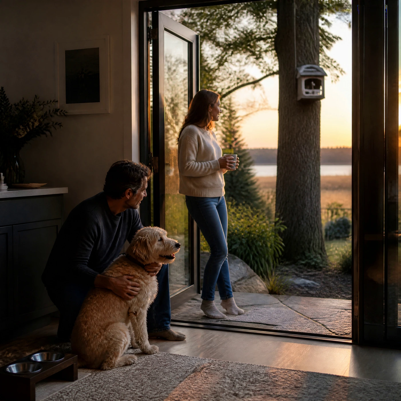 A family watching birds from a warm home doorway