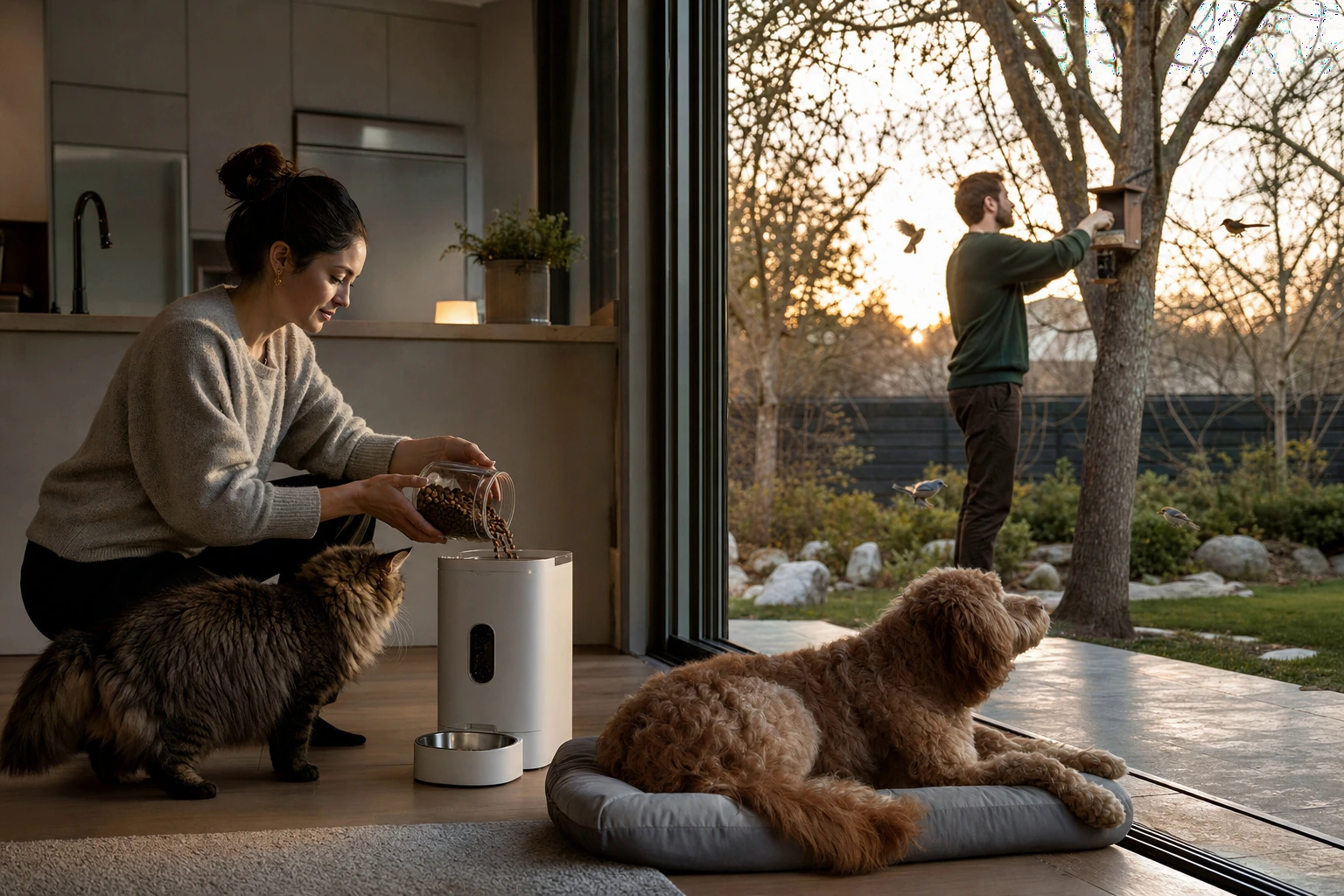 A warm daily feeding routine with pets indoors and birds outside