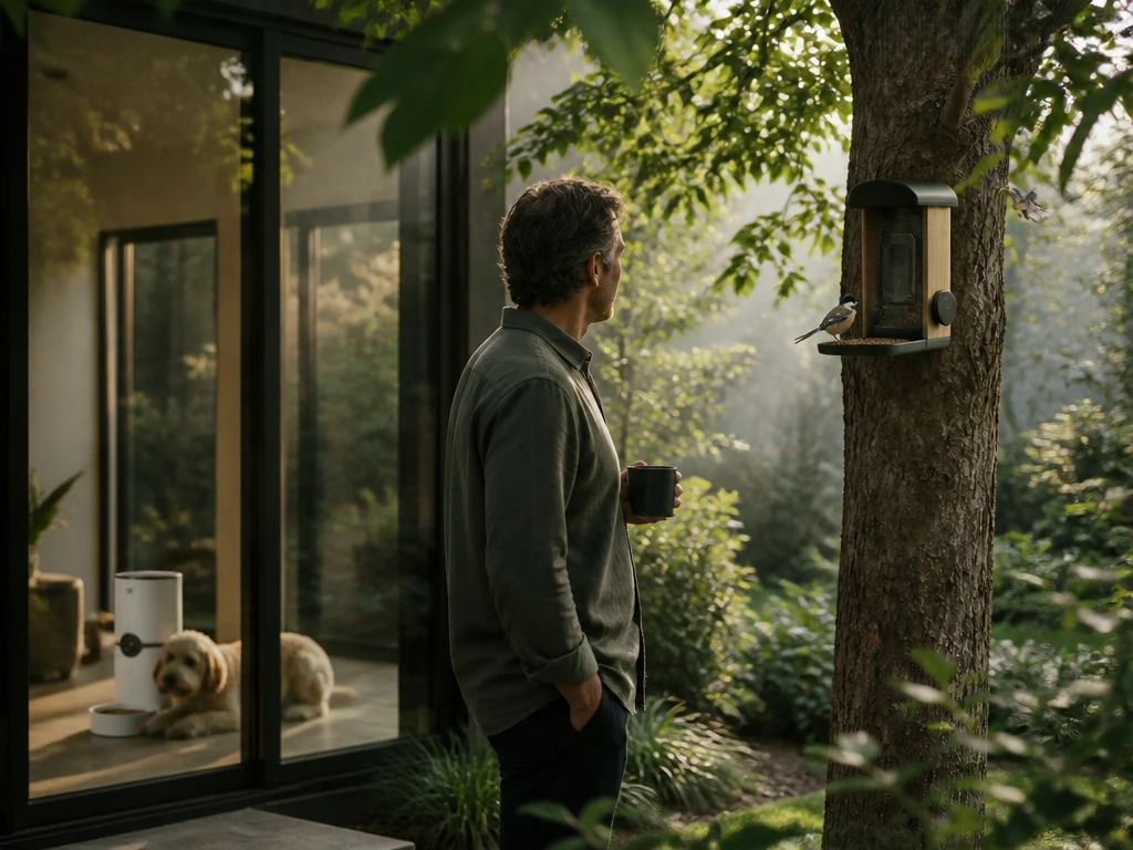 A calm backyard birdwatching moment near a family home