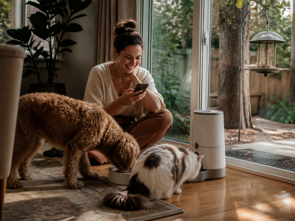 Pets enjoying a quiet feeding routine beside a bright window