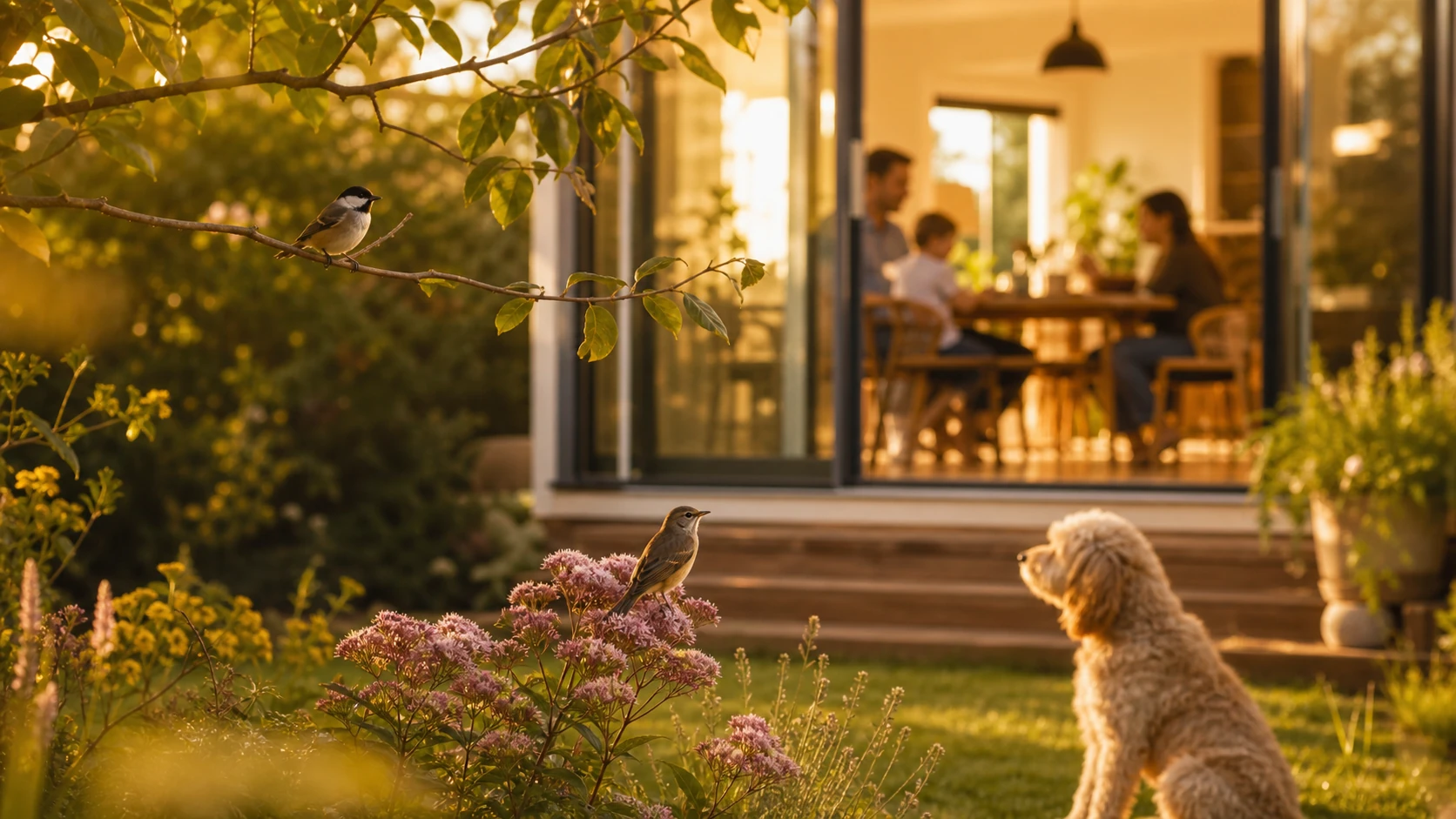 A backyard birdwatching moment with pets nearby