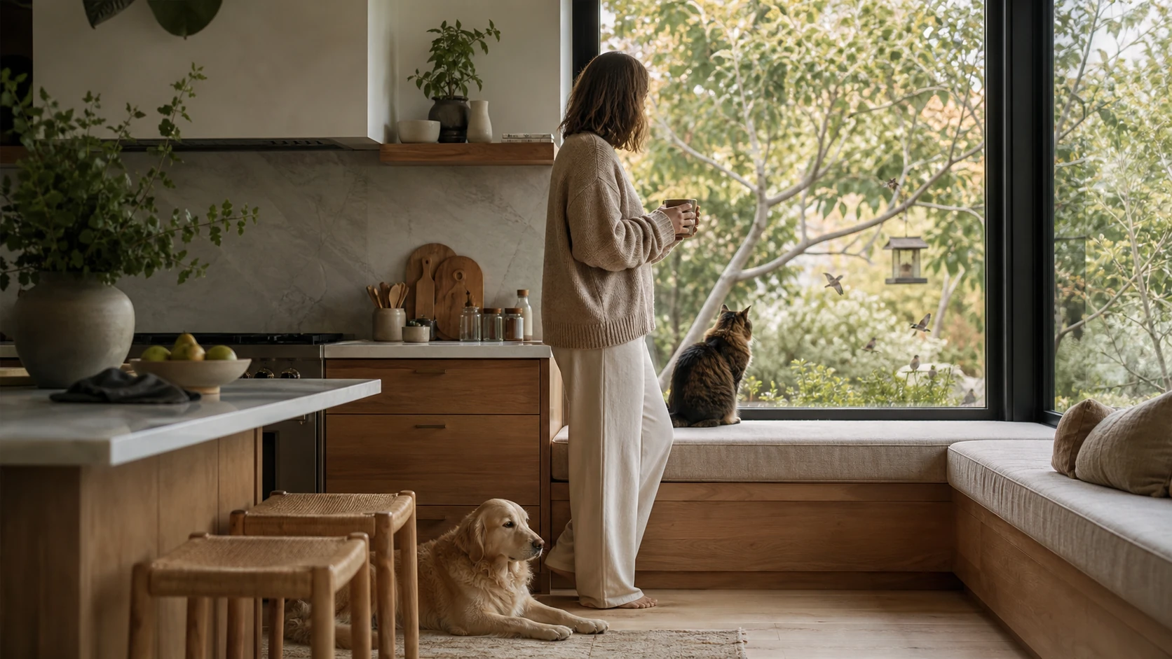 A peaceful kitchen window scene with pets and backyard birds