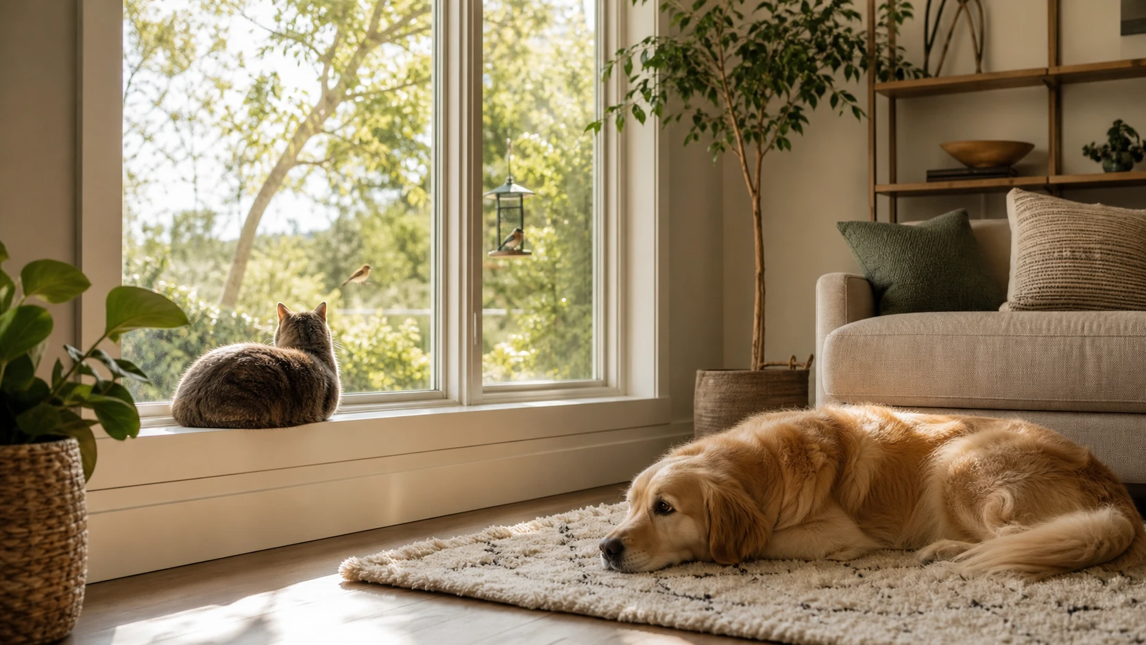Pets resting near a sunny window while birds visit outside